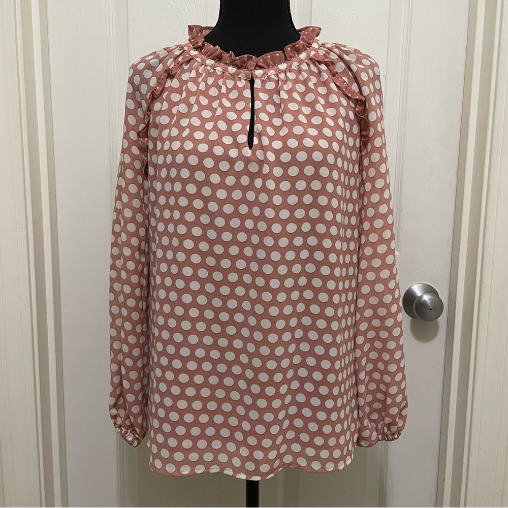 Rose + Olive Dusty Pink White Polka Dot Blouse Ruffle Detail Women's X-Small‎ XS